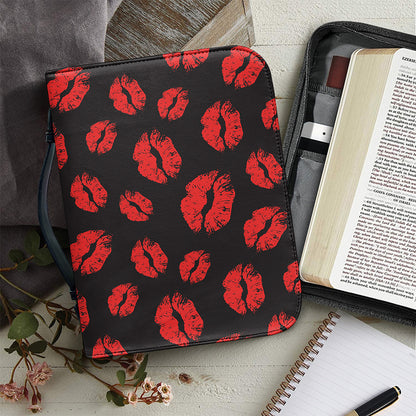 Black And Red Lips Pattern Print Leather Bible Cover