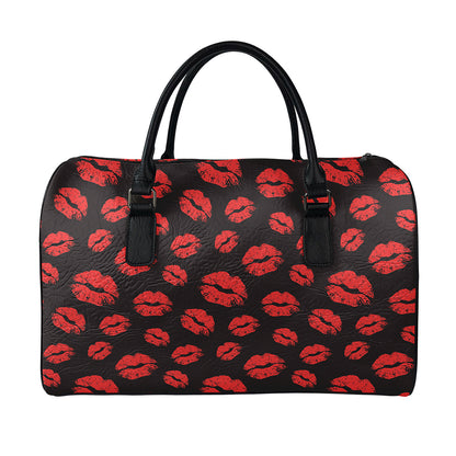 Black And Red Lips Pattern Print Leather Duffle Bag