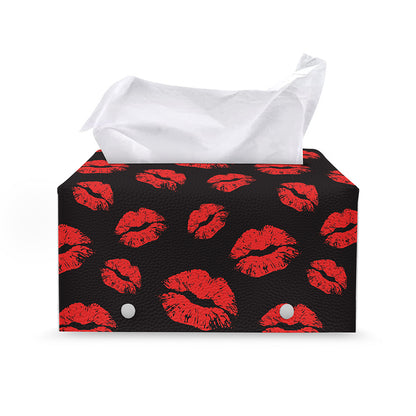 Black And Red Lips Pattern Print Leather Tissue Box Cover