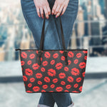 Black And Red Lips Pattern Print Leather Tote Bag