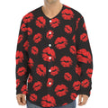 Black And Red Lips Pattern Print Long Sleeve Baseball Jersey