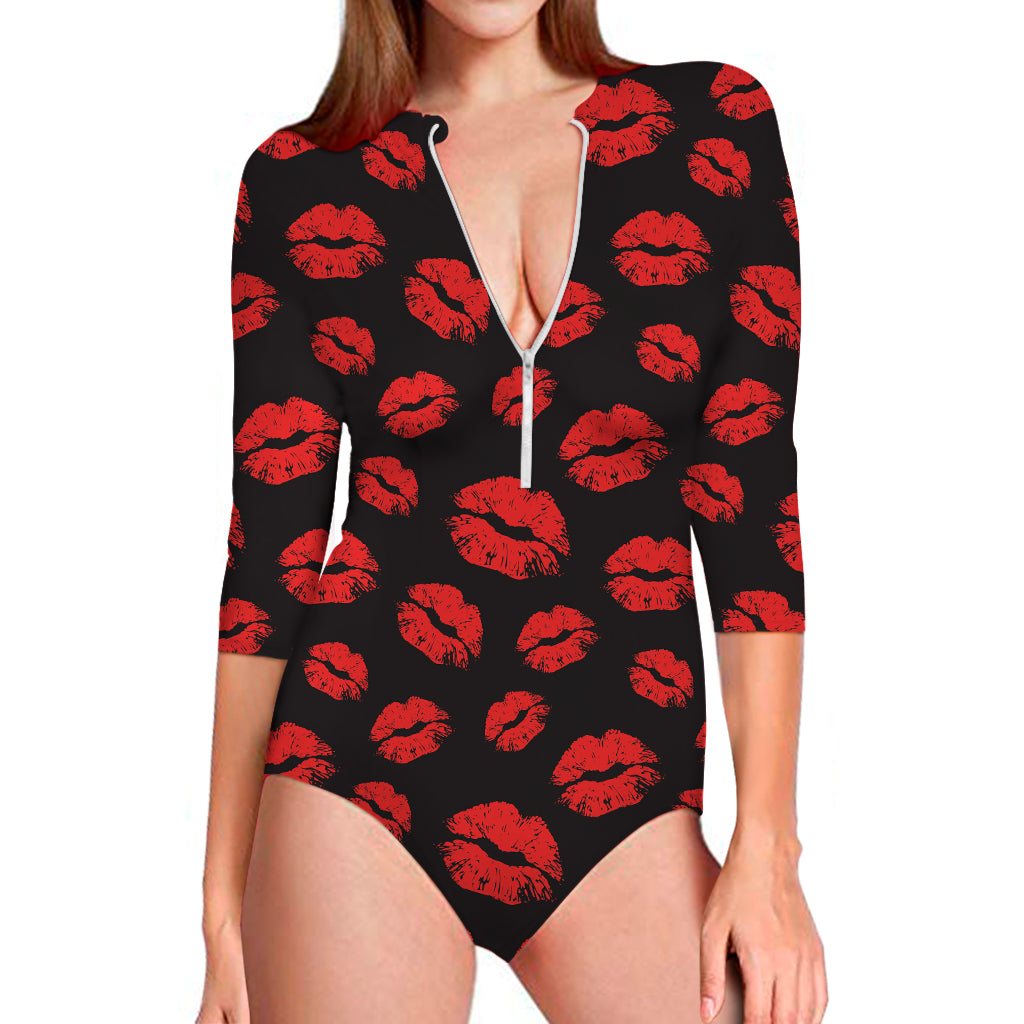 Black And Red Lips Pattern Print Long Sleeve Swimsuit