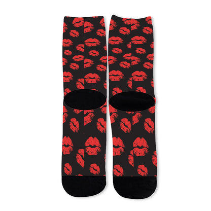 Black And Red Lips Pattern Print Long Socks