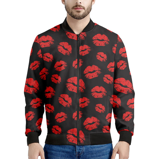 Black And Red Lips Pattern Print Men's Bomber Jacket