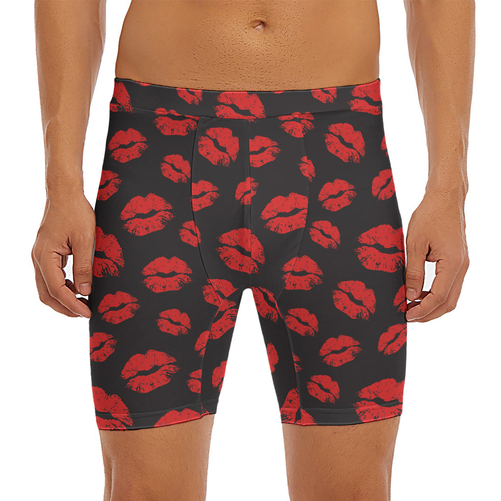 Black And Red Lips Pattern Print Men's Long Boxer Briefs