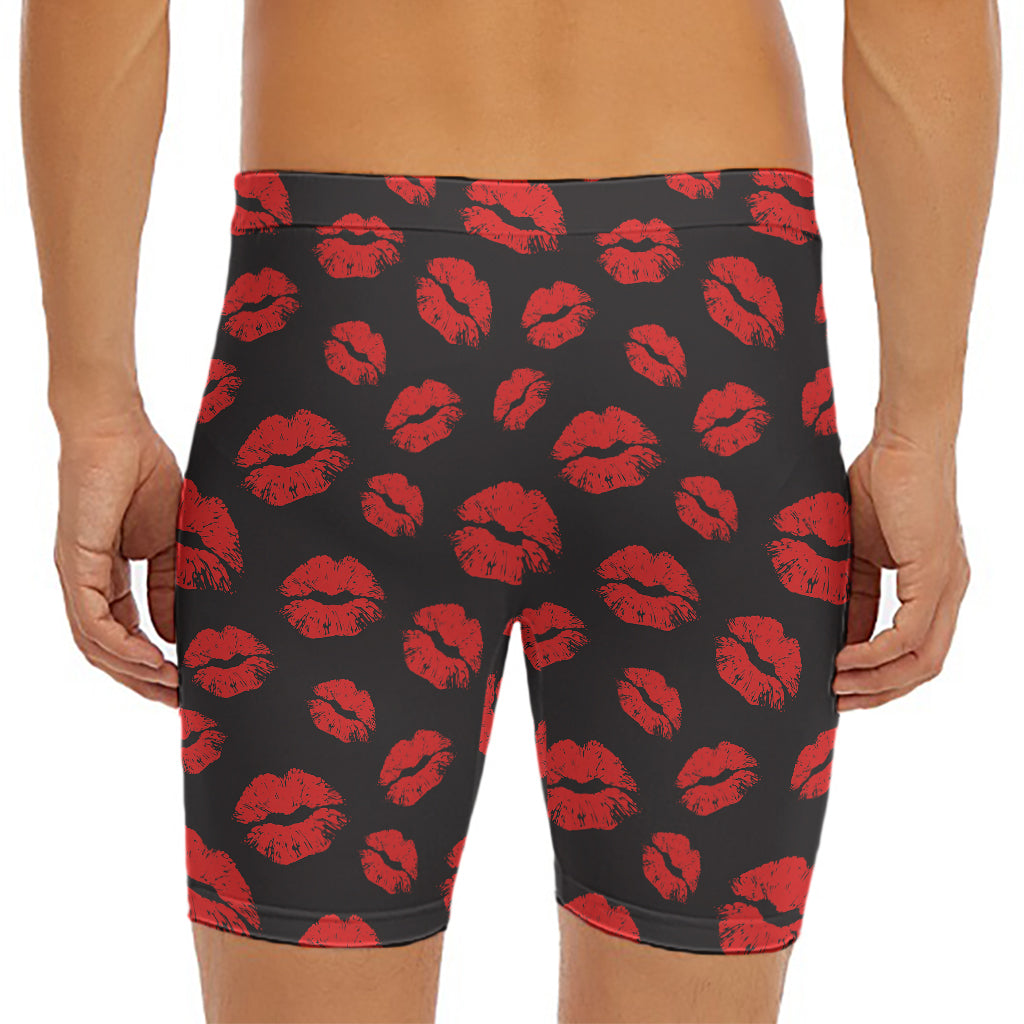 Black And Red Lips Pattern Print Men's Long Boxer Briefs