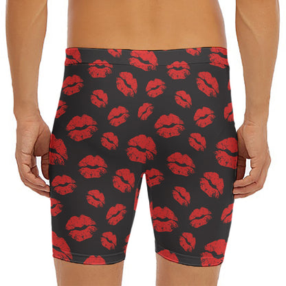 Black And Red Lips Pattern Print Men's Long Boxer Briefs