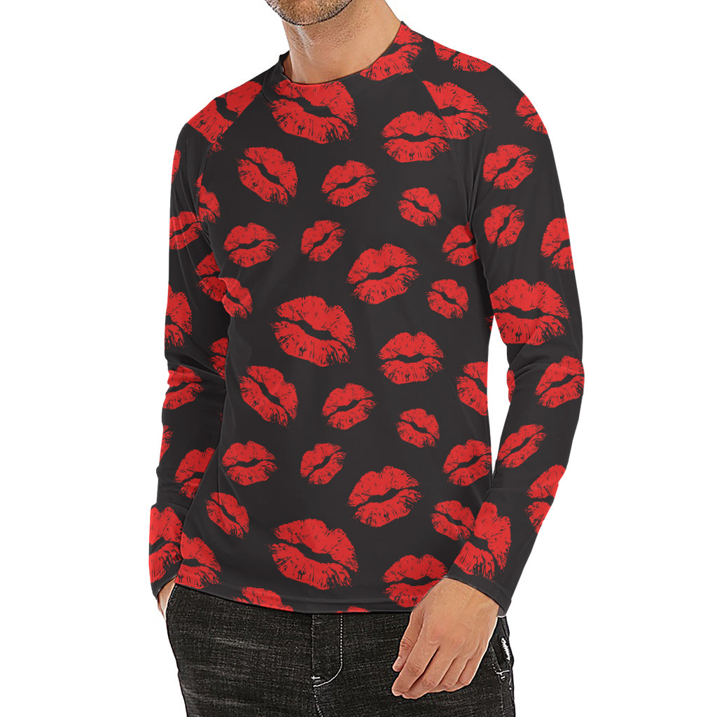 Black And Red Lips Pattern Print Men's Long Sleeve Rash Guard