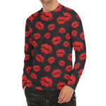 Black And Red Lips Pattern Print Men's Long Sleeve Rash Guard