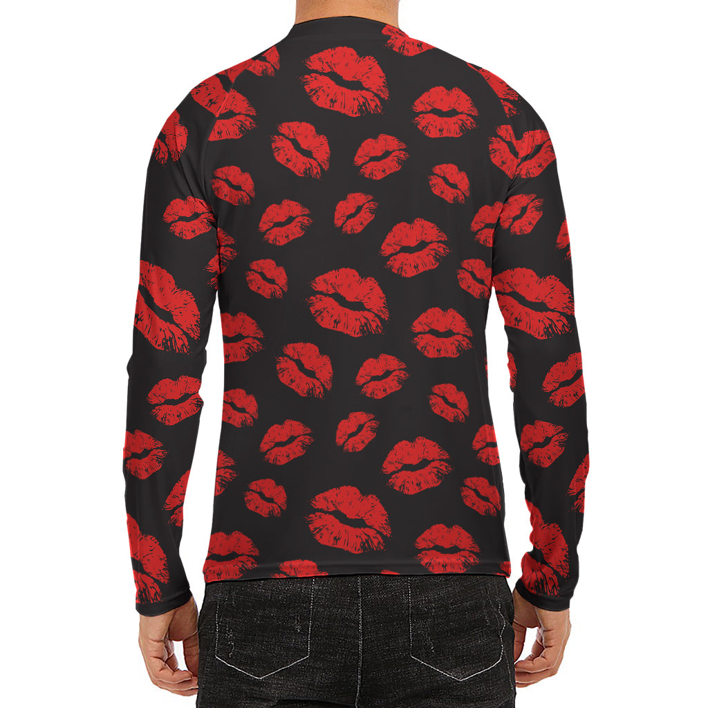 Black And Red Lips Pattern Print Men's Long Sleeve Rash Guard