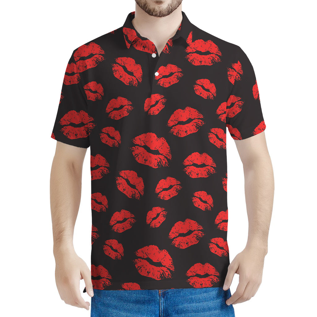 Black And Red Lips Pattern Print Men's Polo Shirt