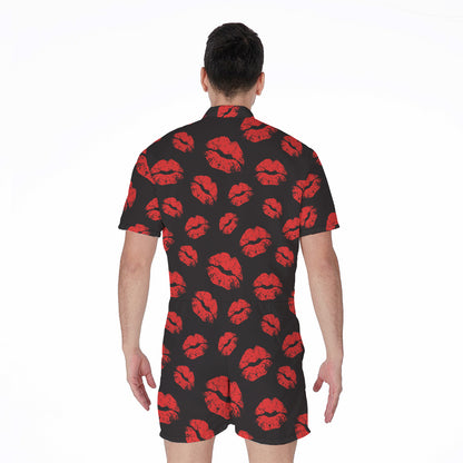 Black And Red Lips Pattern Print Men's Rompers