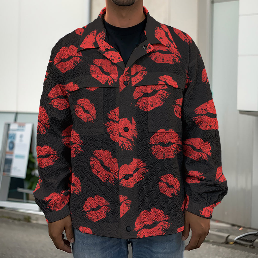 Black And Red Lips Pattern Print Men's Shirt Jacket