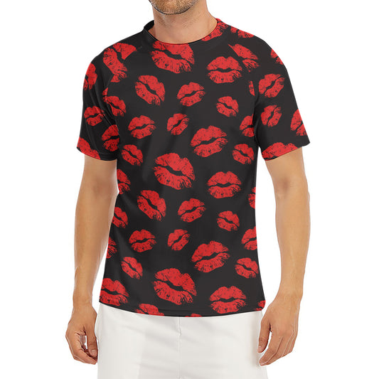 Black And Red Lips Pattern Print Men's Short Sleeve Rash Guard