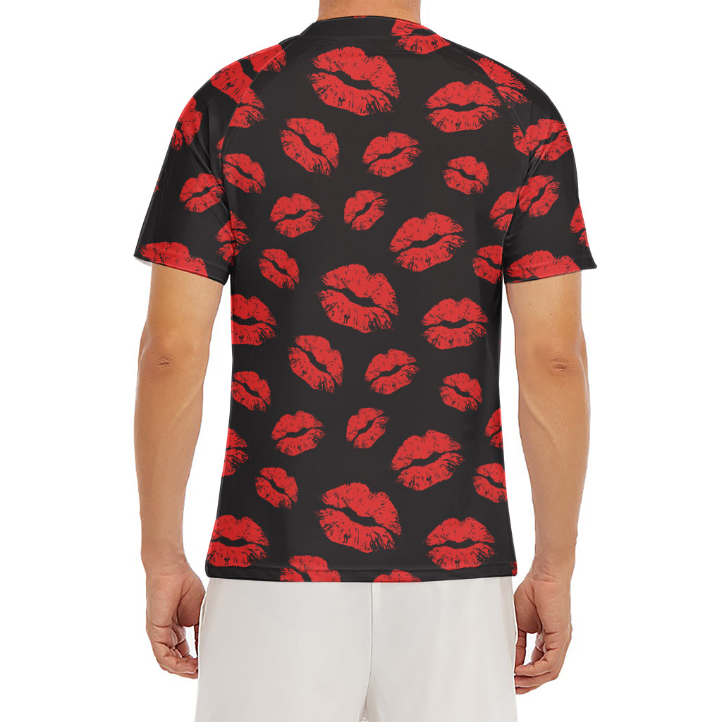 Black And Red Lips Pattern Print Men's Short Sleeve Rash Guard