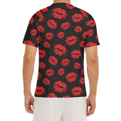 Black And Red Lips Pattern Print Men's Short Sleeve Rash Guard