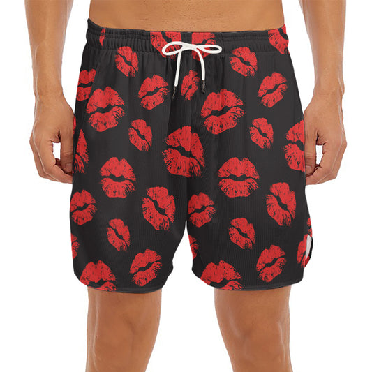 Black And Red Lips Pattern Print Men's Split Running Shorts