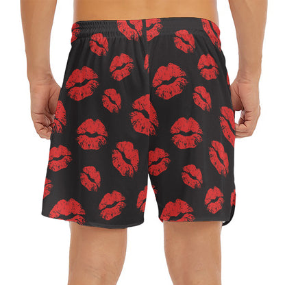 Black And Red Lips Pattern Print Men's Split Running Shorts