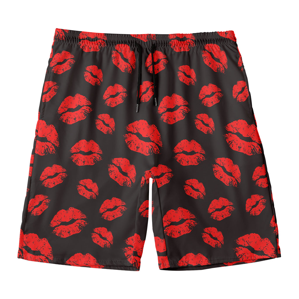 Black And Red Lips Pattern Print Men's Swim Trunks