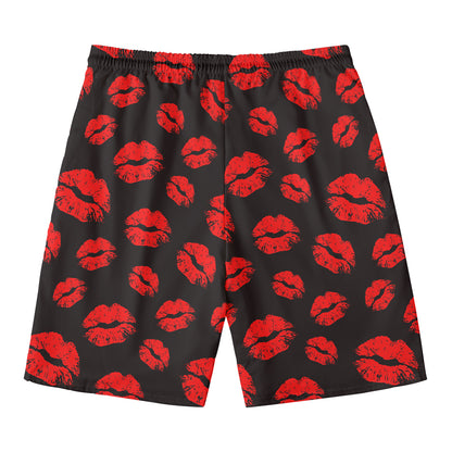 Black And Red Lips Pattern Print Men's Swim Trunks