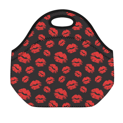 Black And Red Lips Pattern Print Neoprene Lunch Bag