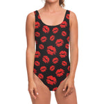 Black And Red Lips Pattern Print One Piece Swimsuit
