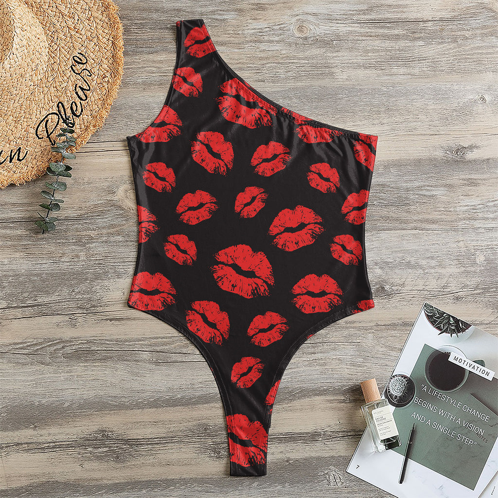 Black And Red Lips Pattern Print One Shoulder Bodysuit