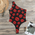 Black And Red Lips Pattern Print One Shoulder Bodysuit