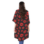 Black And Red Lips Pattern Print Open Front Beach Cover Up