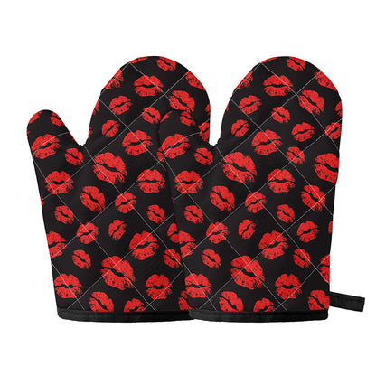 Black And Red Lips Pattern Print Oven Mitts