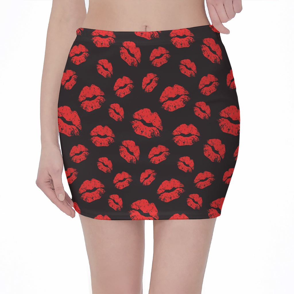 Black And Red Lips Pattern Print Pencil Mini Skirt