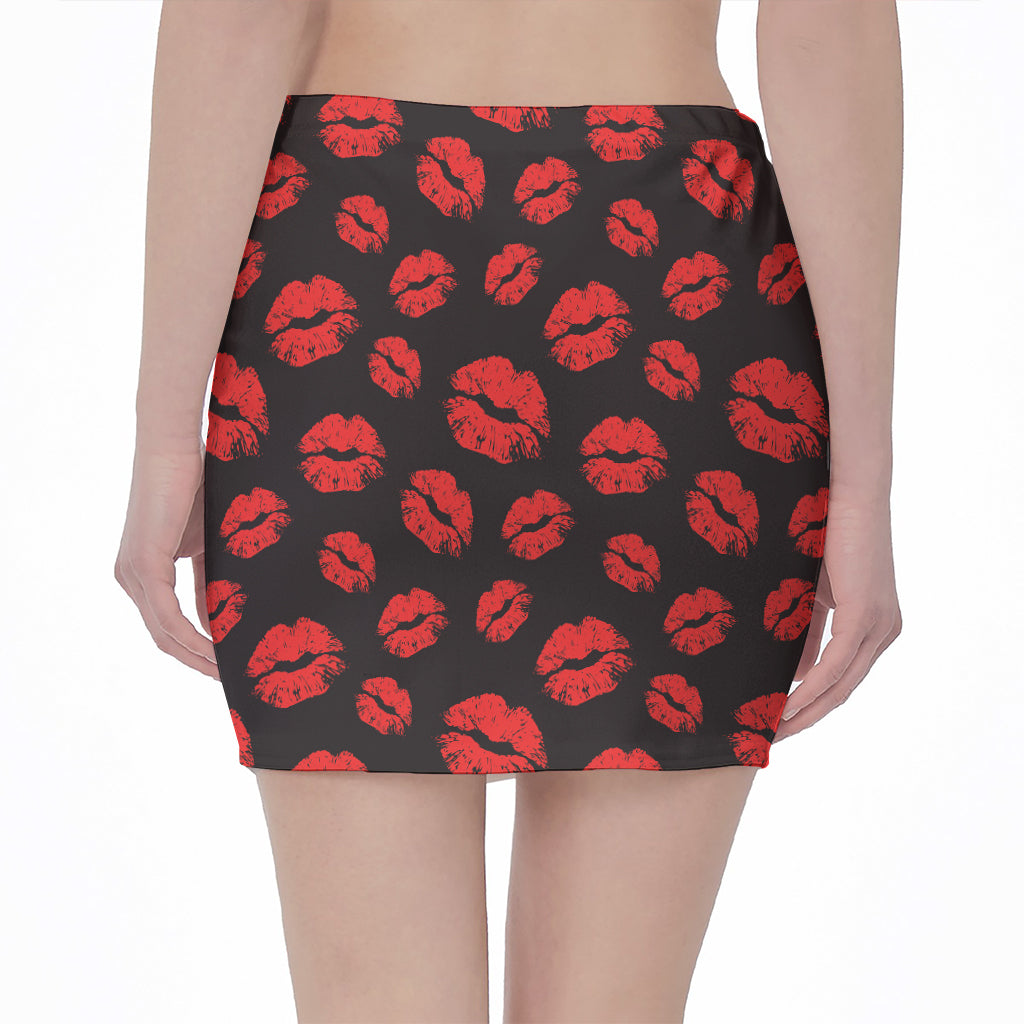 Black And Red Lips Pattern Print Pencil Mini Skirt