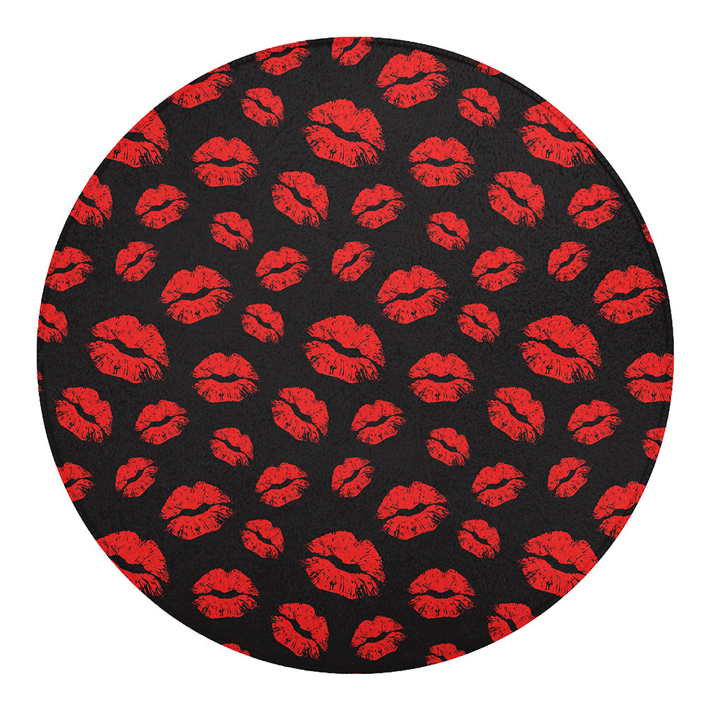 Black And Red Lips Pattern Print Round Blanket