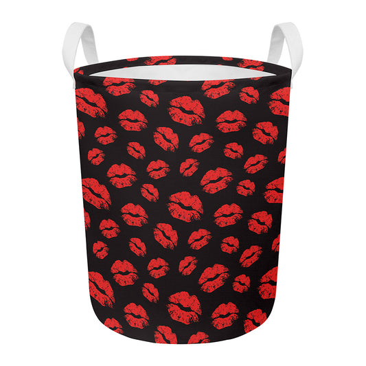 Black And Red Lips Pattern Print Round Laundry Basket