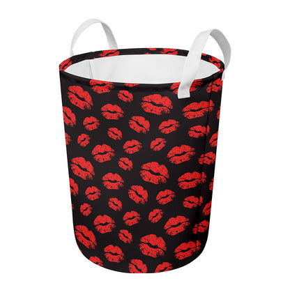 Black And Red Lips Pattern Print Round Laundry Basket