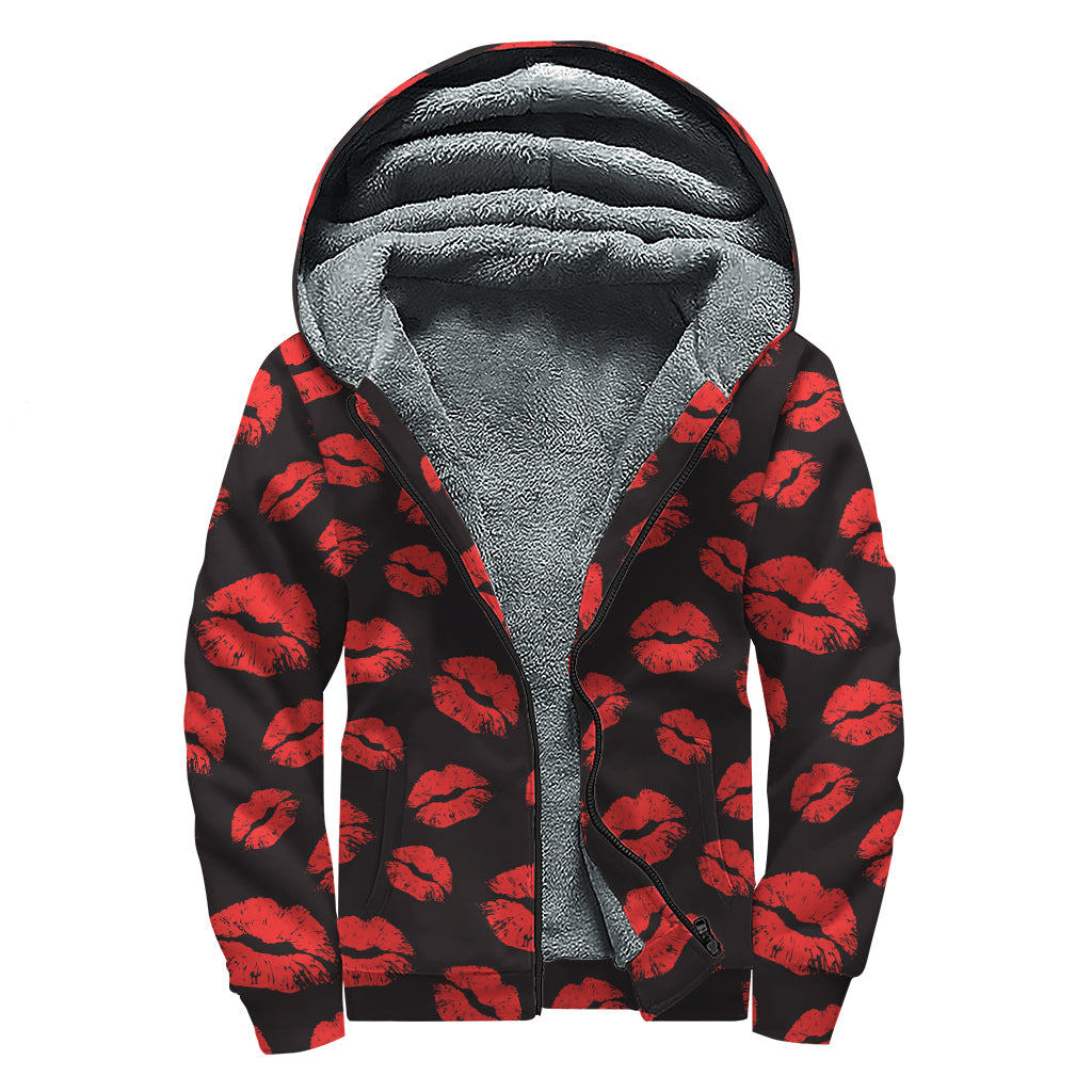 Black And Red Lips Pattern Print Sherpa Lined Zip Up Hoodie