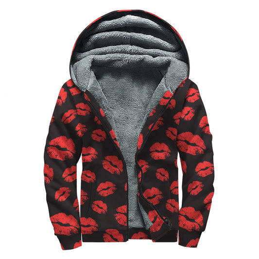 Black And Red Lips Pattern Print Sherpa Lined Zip Up Hoodie