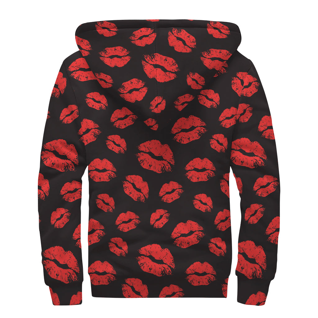 Black And Red Lips Pattern Print Sherpa Lined Zip Up Hoodie