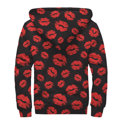 Black And Red Lips Pattern Print Sherpa Lined Zip Up Hoodie