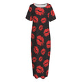 Black And Red Lips Pattern Print Short Sleeve Long Nightdress