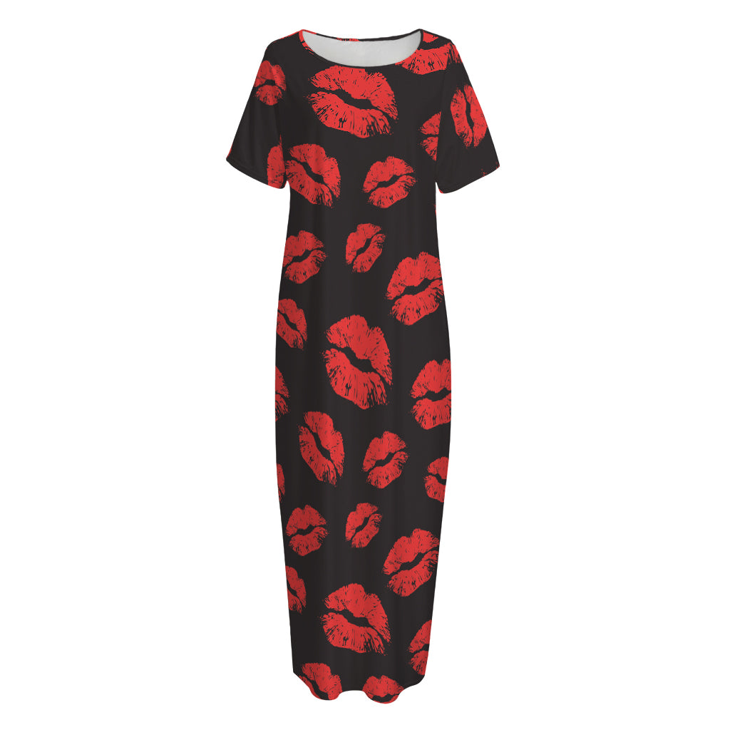 Black And Red Lips Pattern Print Short Sleeve Long Nightdress