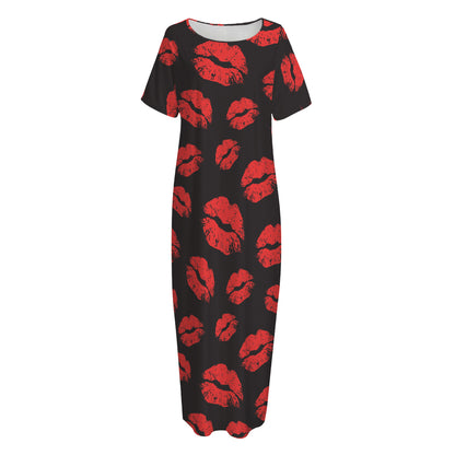 Black And Red Lips Pattern Print Short Sleeve Long Nightdress
