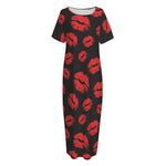 Black And Red Lips Pattern Print Short Sleeve Long Nightdress