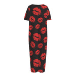 Black And Red Lips Pattern Print Short Sleeve Long Nightdress