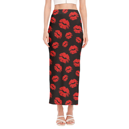 Black And Red Lips Pattern Print Side Slit Maxi Skirt