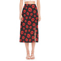 Black And Red Lips Pattern Print Side Slit Midi Skirt