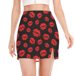 Black And Red Lips Pattern Print Side Slit Mini Skirt