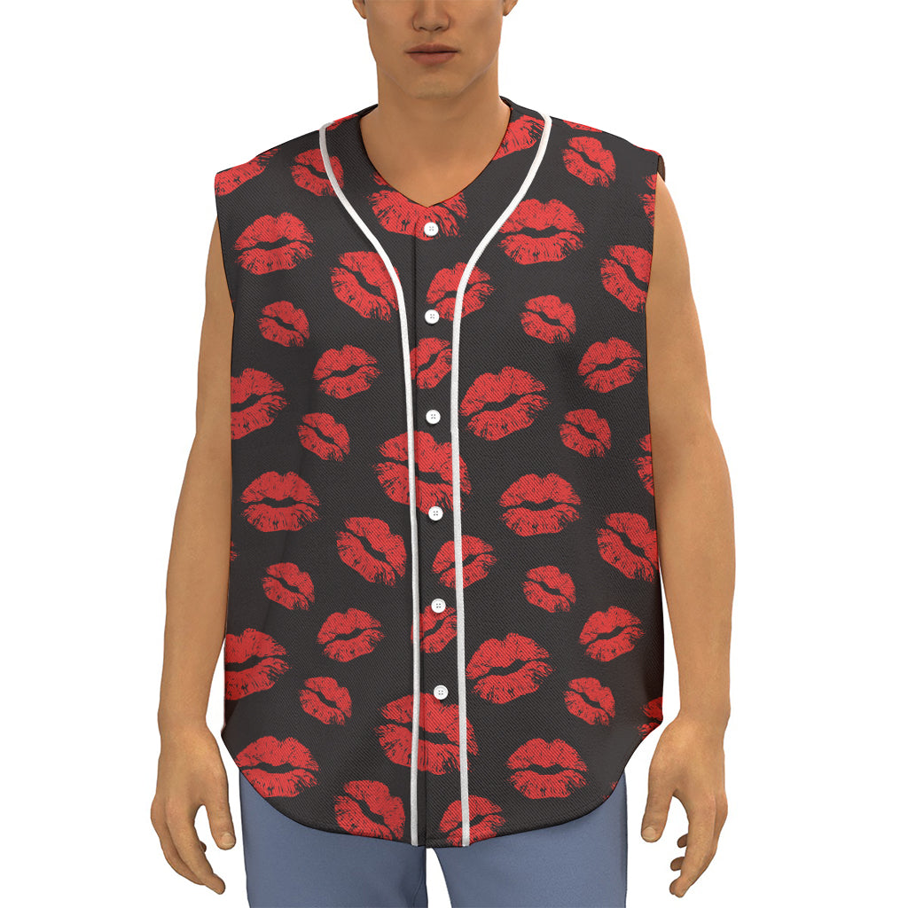 Black And Red Lips Pattern Print Sleeveless Baseball Jersey