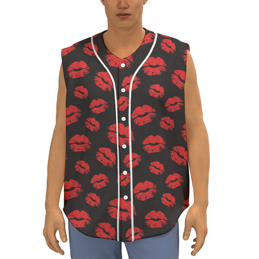 Black And Red Lips Pattern Print Sleeveless Baseball Jersey