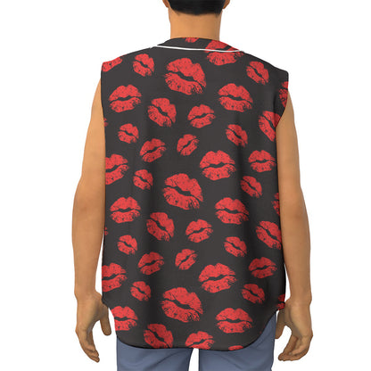 Black And Red Lips Pattern Print Sleeveless Baseball Jersey